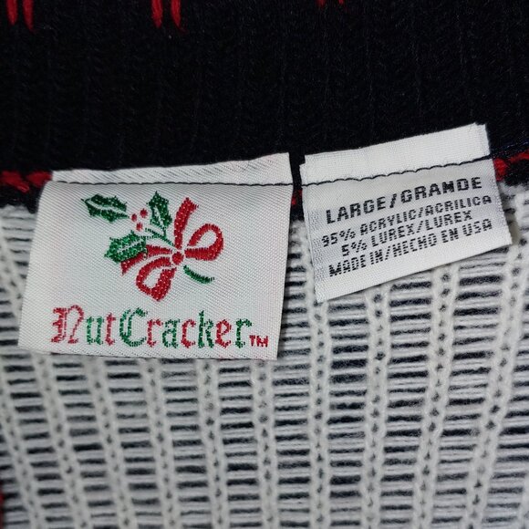 Vintage Nutcracker Embroidered Christmas Lurex Knit Sweater Cardigan Sz L Black - Picture 2 of 5